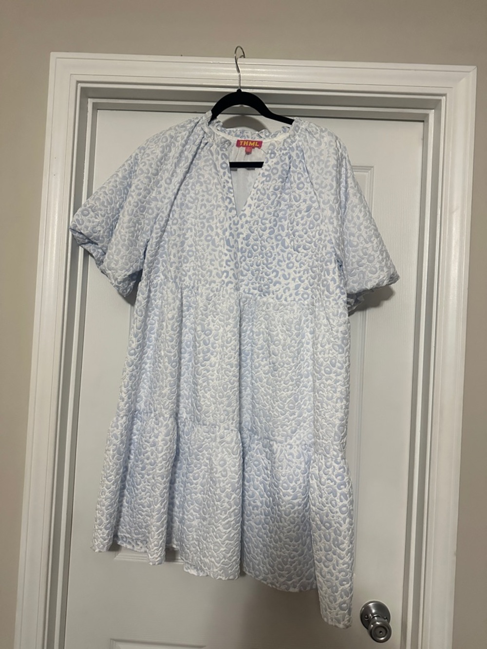 THML Pale Blue Leopard-Print Tiered Dress